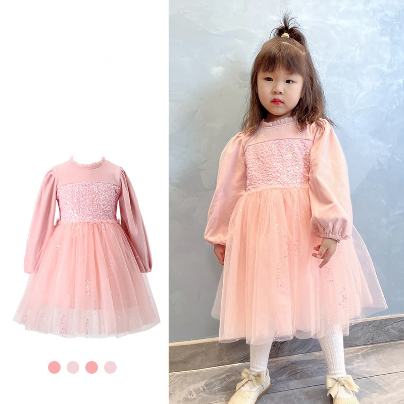 

2023 Girls Dresses Sequins Tullle Princess Autumn Long Sleeves Pink Lovely Fashion Elegance Vestidos Toddler Children Clothes