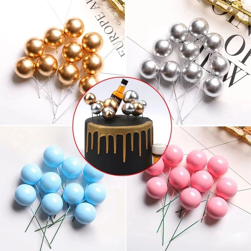 

10pcs 2-4cm Metal Ball Cake Topper Creative DIY Cake Decor For Wedding Birthday Party Decor Gold Silver Blue Pink Cupcake Topper