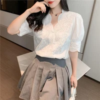 korean fassion lace embroidery v neck chiffon shirt petal sleeve loose casual blouses ladies summer 2022 cotton linen tops women
