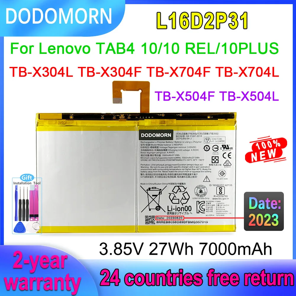 Аккумулятор DODOMORN L16D2P31 для планшета Lenovo Tab 4 10, 10, 10Plus, TB-X304L X504F, X504L, X504F, 1ICP3/84/94-2, 3,85 В, 27 Вт/ч