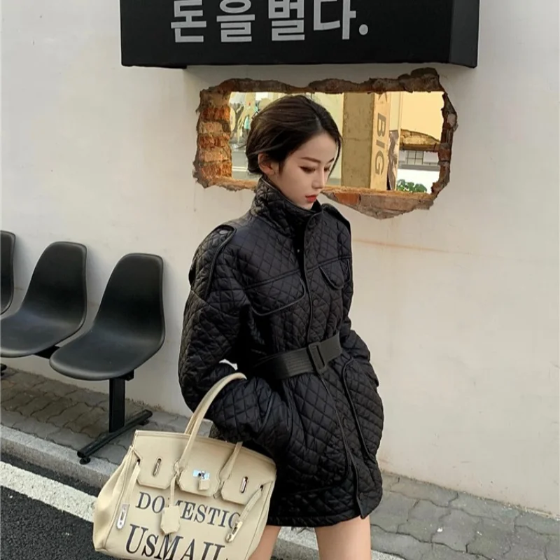2022 Argyle Lapel Jacket Women Loose Parkas Coat Vintage Thin Waist Belted Autumn Winter Ladies Oversize Coat