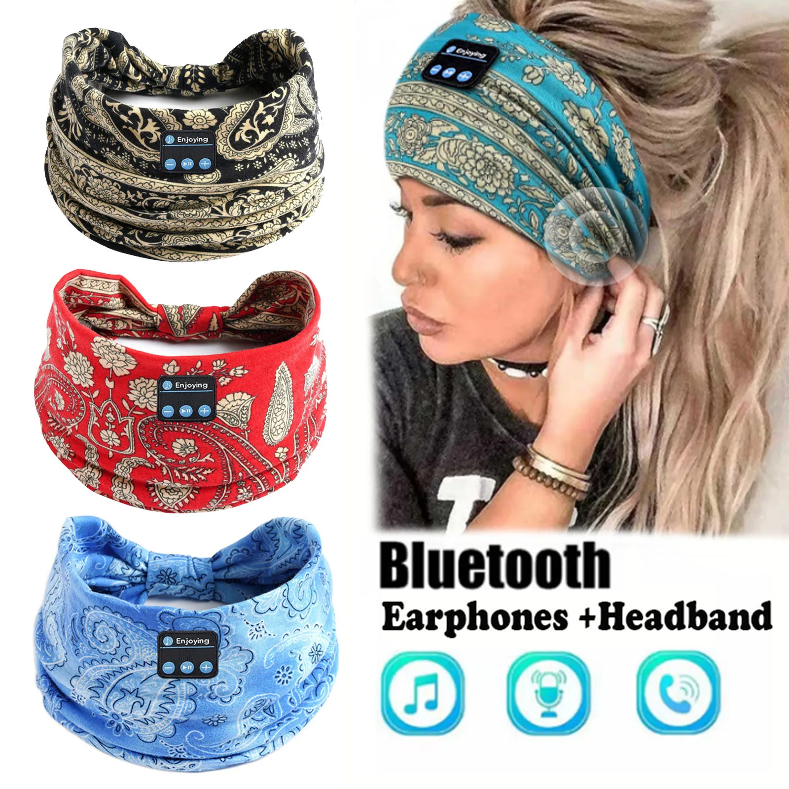 Фото Bluetooth-наушники, спортивная повязка на голову, эластичные беспроводные наушники, музыкальная маска для глаз, беспроводная гарнитура, повязка на голову в стиле бохо, громкая связь, йога №1