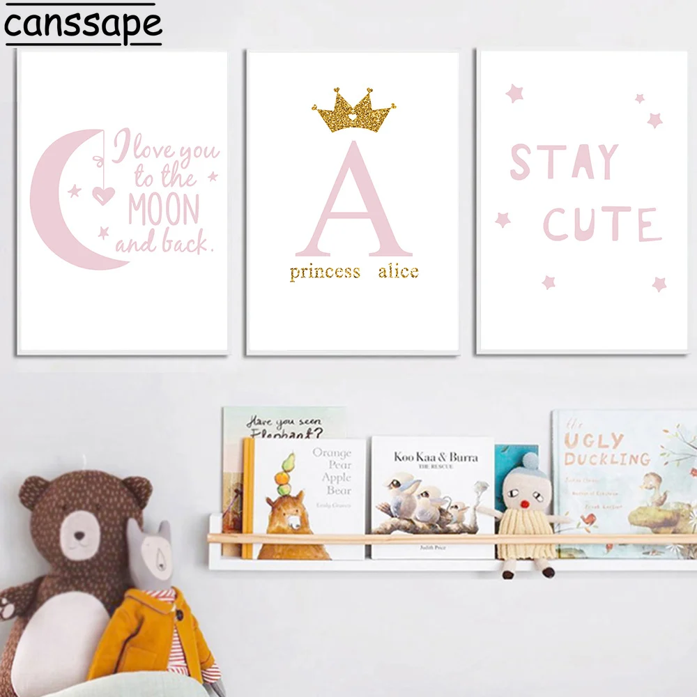 

Name Custom Poster Pink Moon Star Posters Princess Prints Girl Room Decoration Nursery Canvas Painting Nordic Wall Pictures