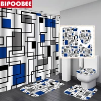Blue Abstract Geometric Shower Curtain Black and White Bathroom Curtains Toilet Lid Cover Non-Slip Rugs Bath Mat Home Decor