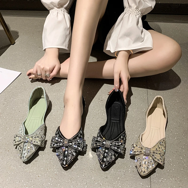 

Moccasin Shoes Bow-Knot Shallow Mouth Crystal Pointed Toe Casual Female Sneakers Autumn Dress Flats Women Moccasins Butterfly Ne