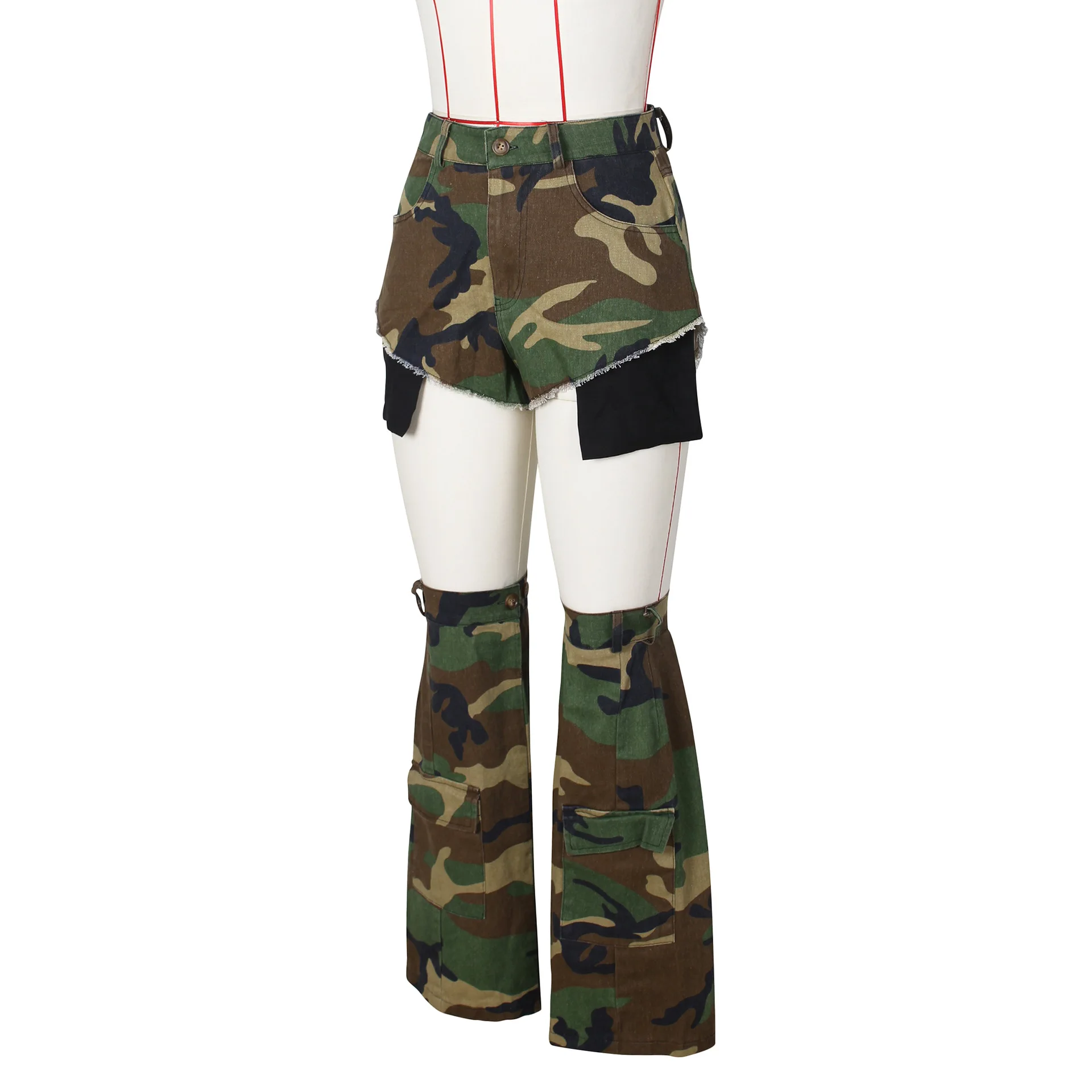 Sexy Camouflage Shorts with Leg Cover Summer Women Irregular Patchwork Button Pocket Shorts Fashion Streetwear Casual Camo Pants