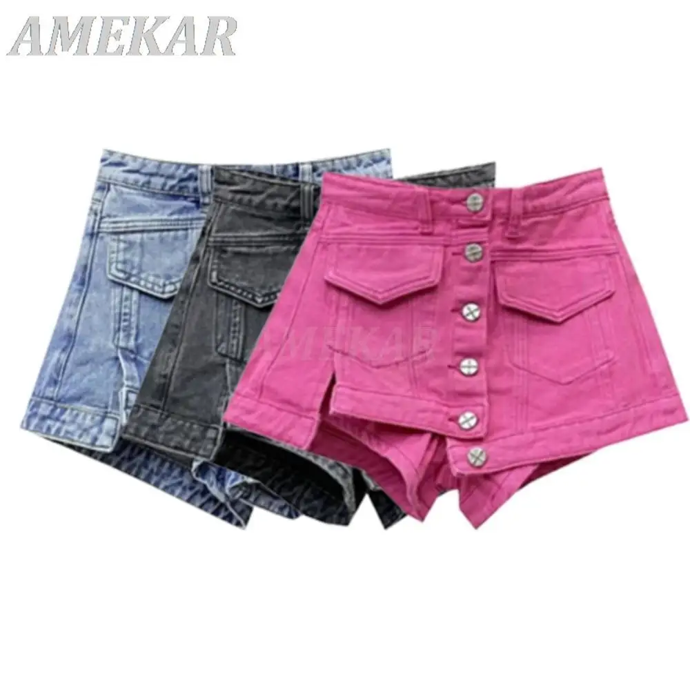 Women's Solid Jean Hot Pants Fake 2-Pieces High Waist A-line Denim Shorts Streetwear Gothic Lady Summer Pocket Chic Short Jeans