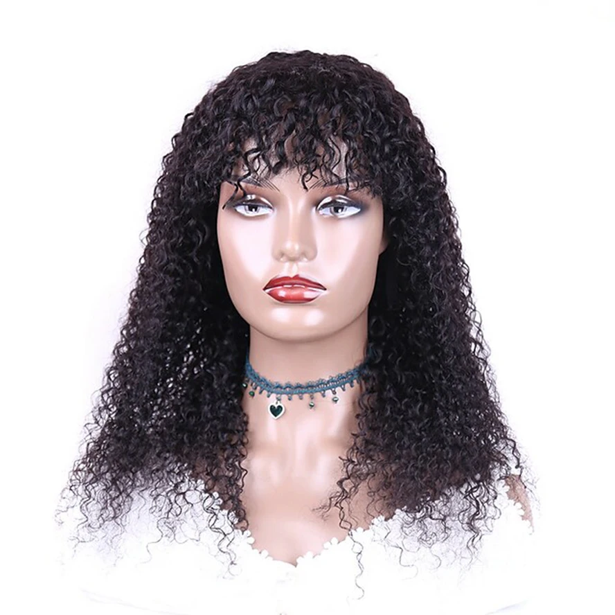 Black Afro Kinky Curly Wig With Bangs Full Machine Made Scalp Top Wig 150 Density Virgin Brazilian Curly Human Hair Wig