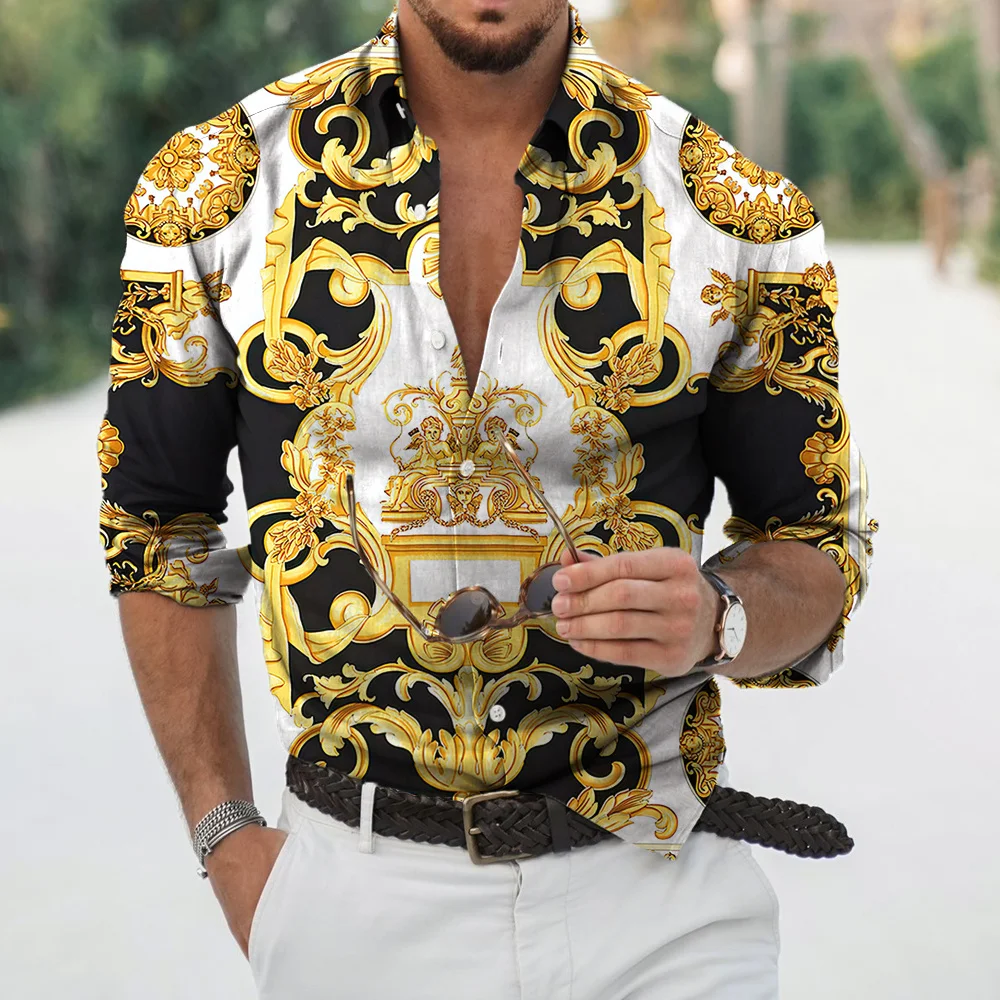 3D Baroque Men's Shirt, Luxury Baroque Long Sleeve V-neck Shirt, Oversized Top, Fall Wear