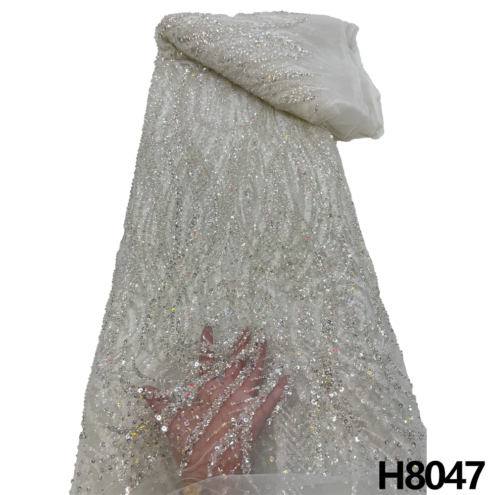 

Latest Royal Nigerian Beaded Lace Fabric 2023 Bridal Fabric Lace Shiny Sequin Luxury Tulle Lace For Evening Party Dress