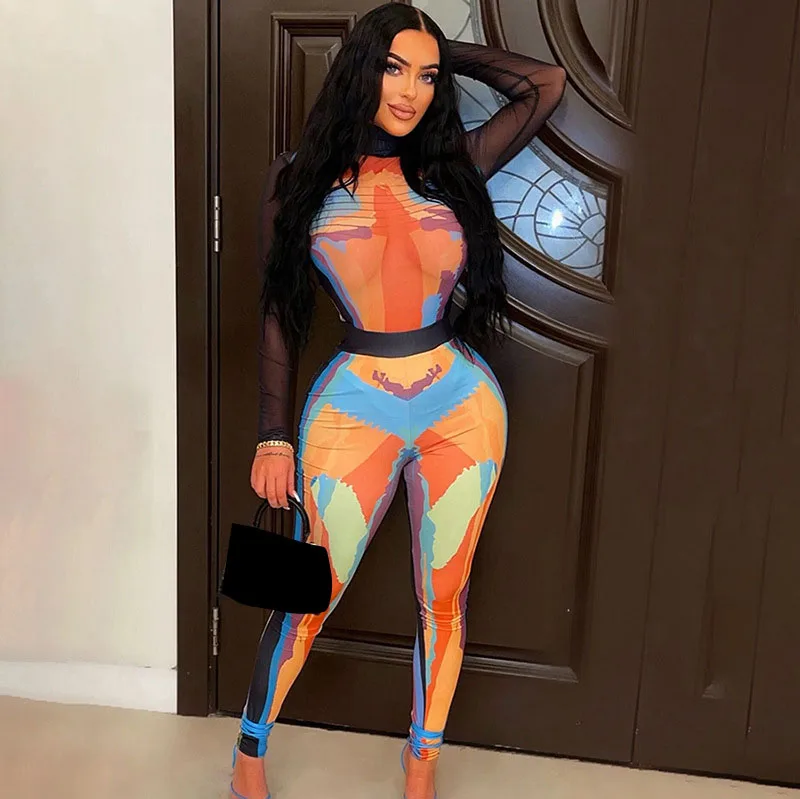 

WUHE 3D Printed Mesh See Though Long Sleeve Bodysuit and Legging Pants Suit Sexy Party Club Two Piece Set Women Fashion Outfits