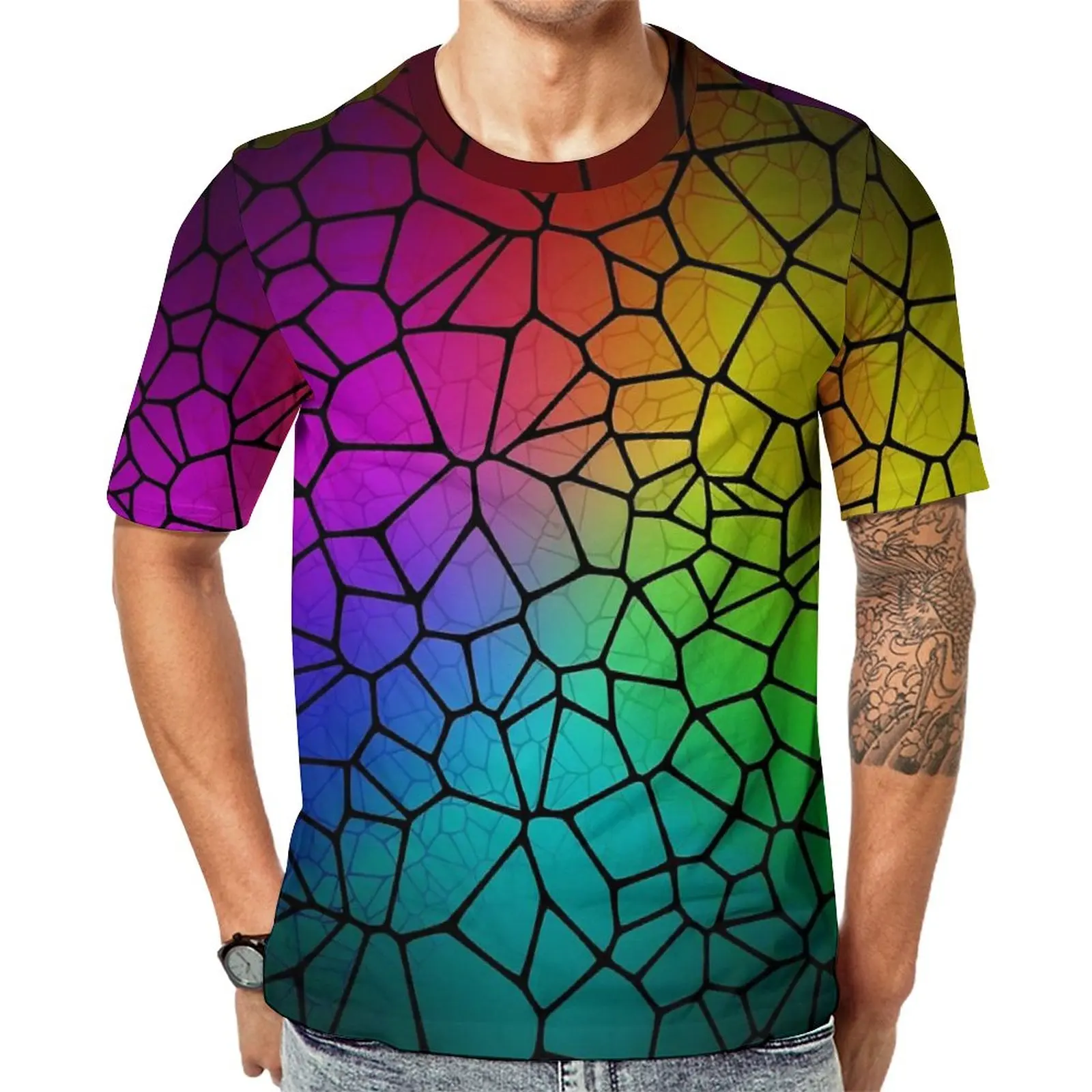 

Shallow Water T-Shirt Man Rainbow Glow Print Awesome T-Shirts Summer Hippie Tee Shirt Short-Sleeve Graphic Plus Size Clothing