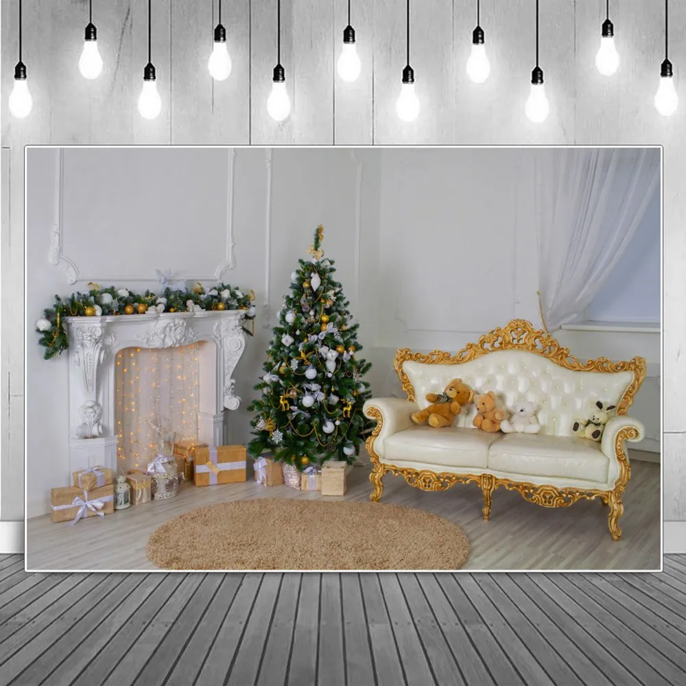 

Christmas European Fireplace Tree Decoration Photography Backdrop Sofa Teddybear Gifts Cushion Wallpaper Party Photo Background