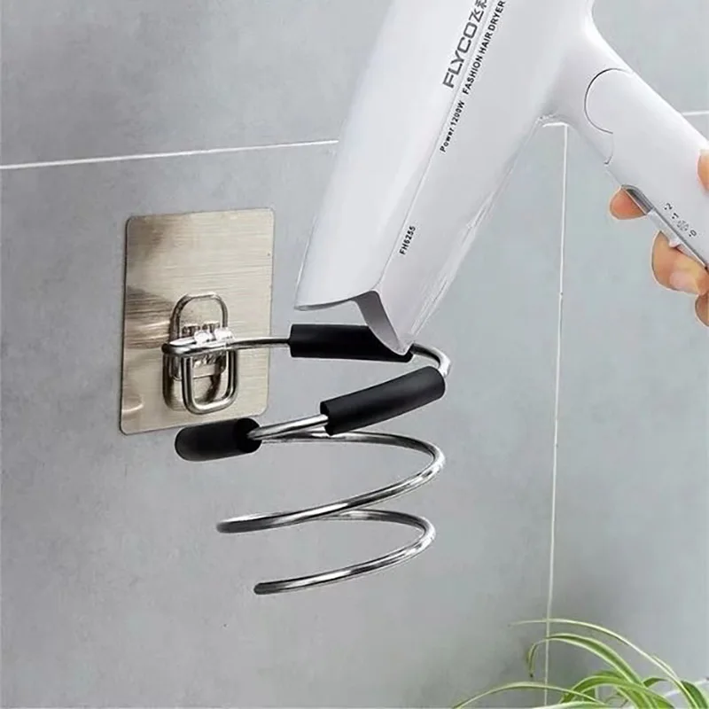 

Hair Dryer Holder Blower Organizer Adhesive Wall Mounted Nail Free No Drilling Stainless Steel Spiral Stand Bathroom Accessories