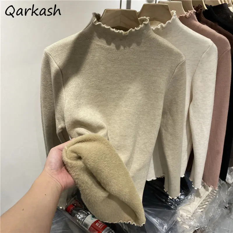 

Velvet Pullovers for Women Ruched Thick Winter Clothes Sweaters Solid Long Sleeve Warm Cozy Knitweras Pull Femme Mock Neck Slim