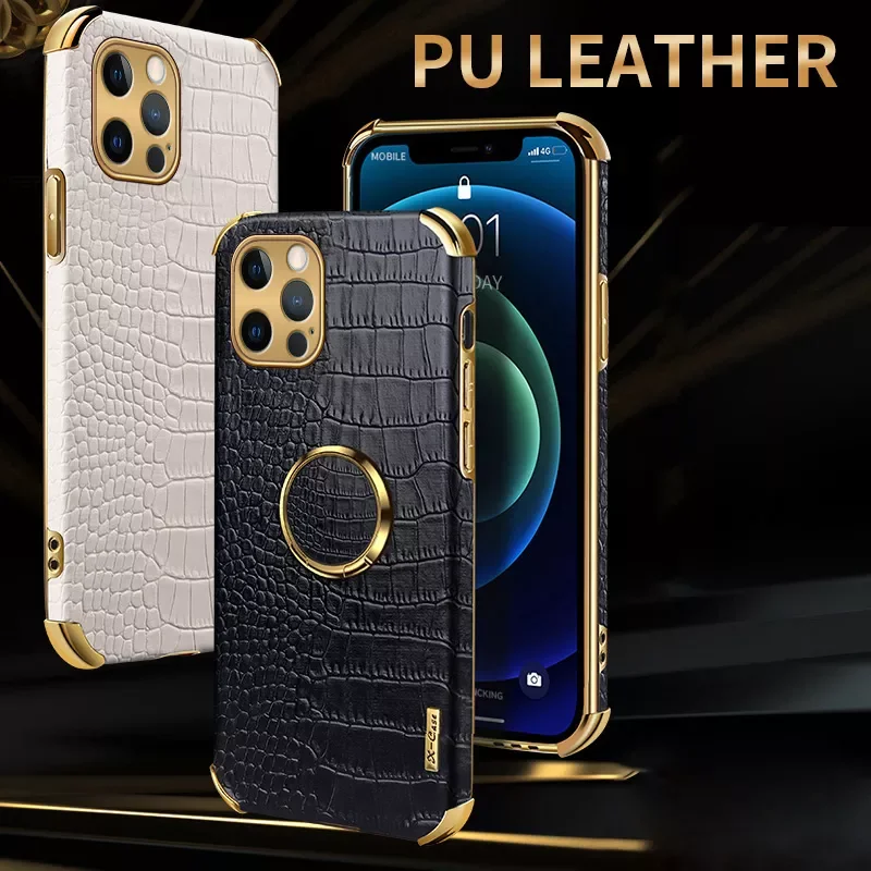 

Camera Lens Protection Shockproof Ring Holder Stand Plating PU Leather Cover Phone Case For iPhone 12 11 Pro Max Mini