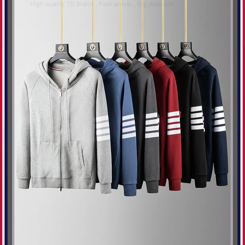 

Sweatshirts TB THOM Men's Spring Luxury Brand Hoodies Classic Cotton 4-Bar Stripes Zip-up Coats Casula Sports Hooded Sweatshirt