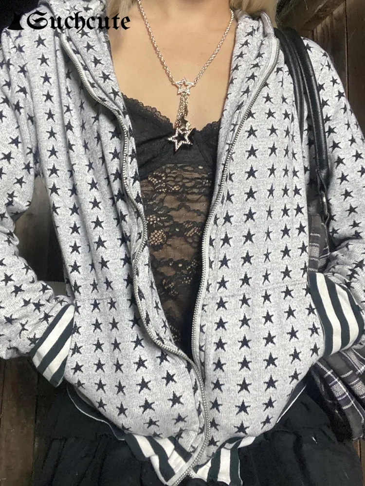 

SUCHCUTE Harajuku Star Print Cardigan Women Autumn Winter Grunge V Neck Hooded Loose Tops Vintage Long Sleeve Streetwear Hoodie