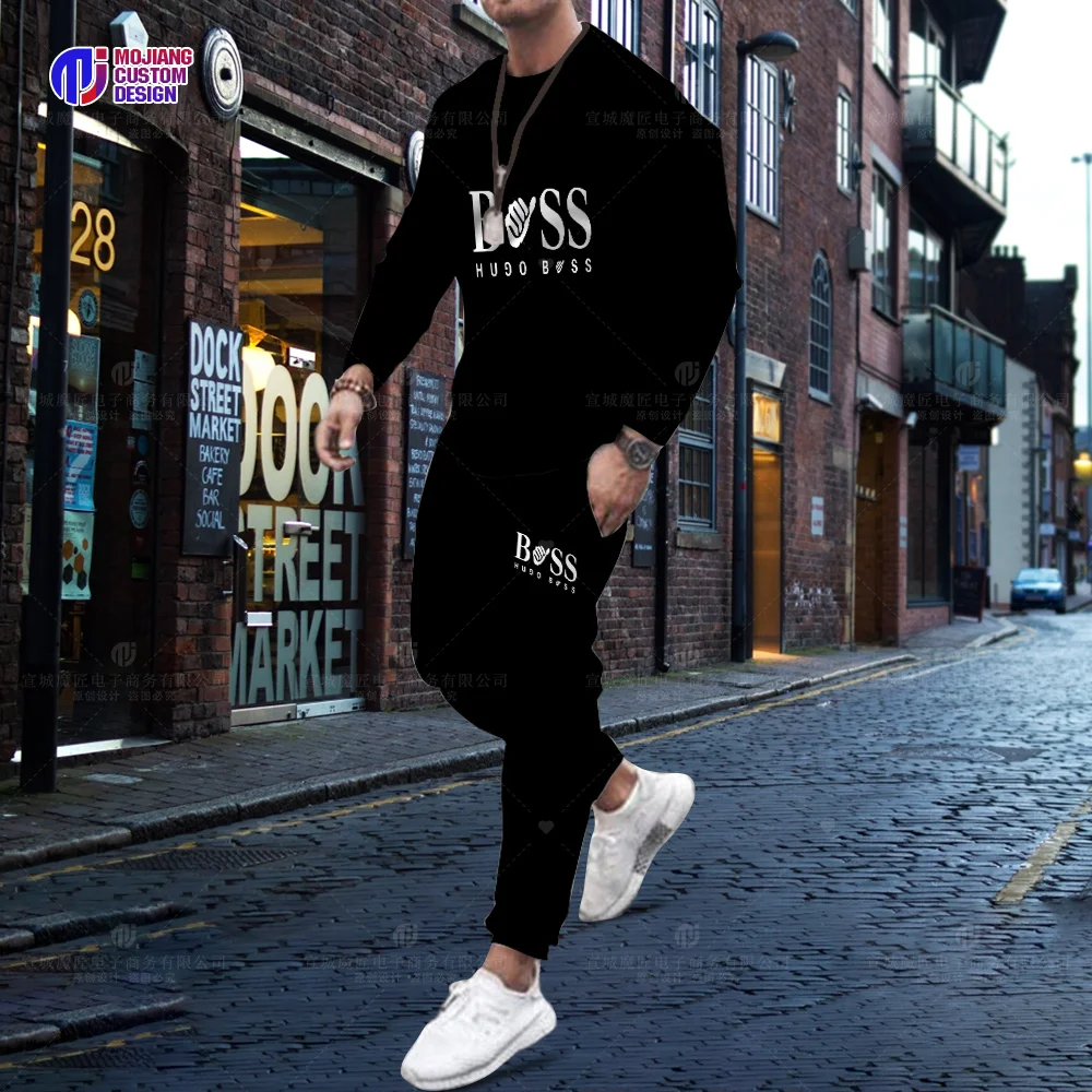 Men's Long Sleeve T-Shirt Loose O Neck Fashion Top Set 3D Printing Brand Series Youth Casual Harajuku Loose Top Trousers