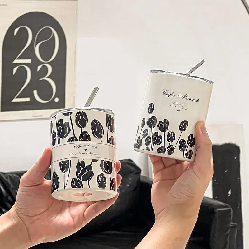 

Stainless Steel Coffee Cup Creative Mug Office Portable Water Cup with Straw High Color Insulation Cup