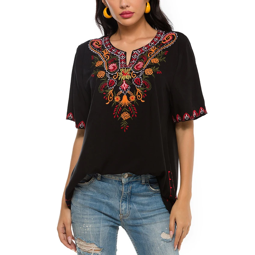 

Le Luz Black Floral Embroidery Blouses Shirt Women Cotton Boho Hippie Mexican Shirt Short Sleeve 23xl Ethnic Chic Shirt 2022