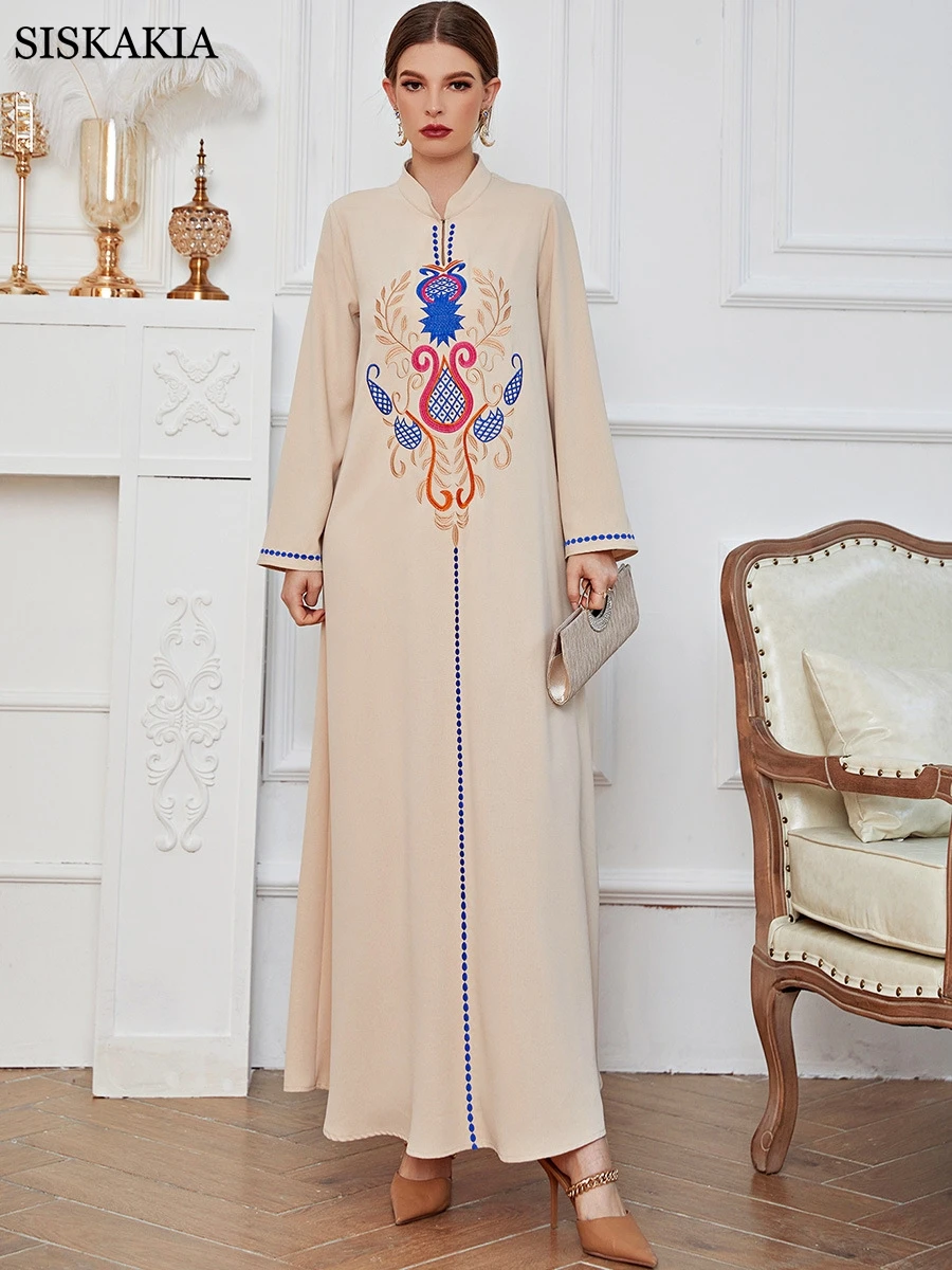 

Женское платье макси Siskakia, элегантное этническое платье с вышивкой и воротником-стойкой, свободные платья абайя абрикосового цвета, 2022, Ома...
