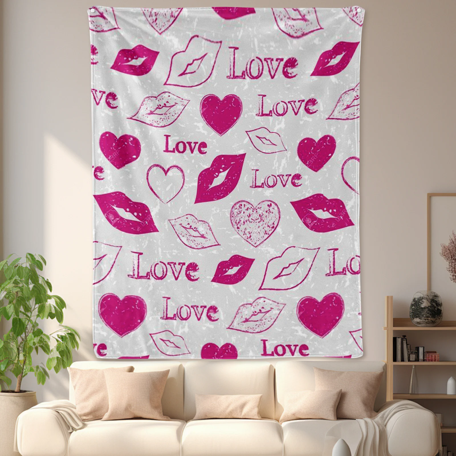 Элегантное одеяло с принтом губ цвета фуксии белого узорами в виде сердечек для