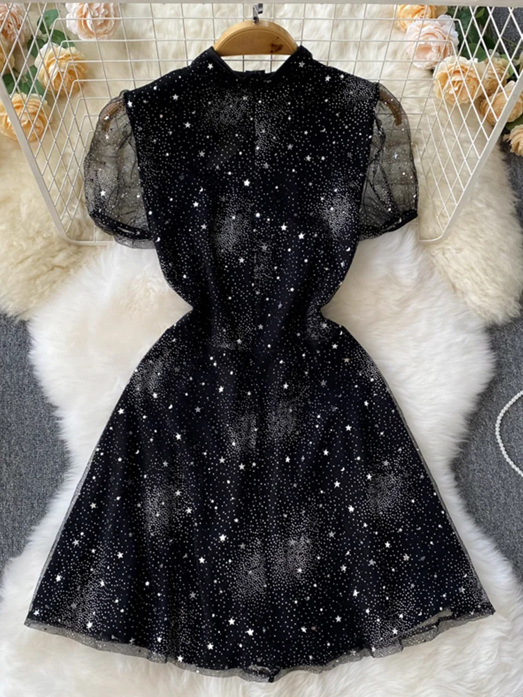 

FMFSSOM Summer New Women Elegant Casual Gauze Patchwork Sequins Short Sleeve Dress Fashion High Waist Slim A-Line Dresses