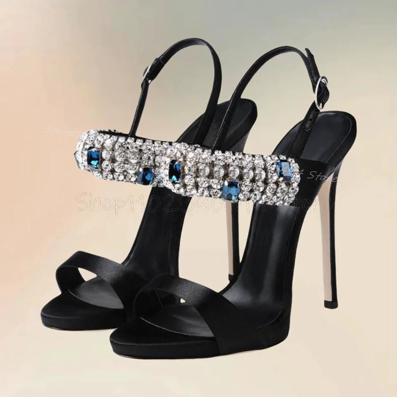 Женские босоножки с открытым носком черные ремешком на щиколотке украшенные