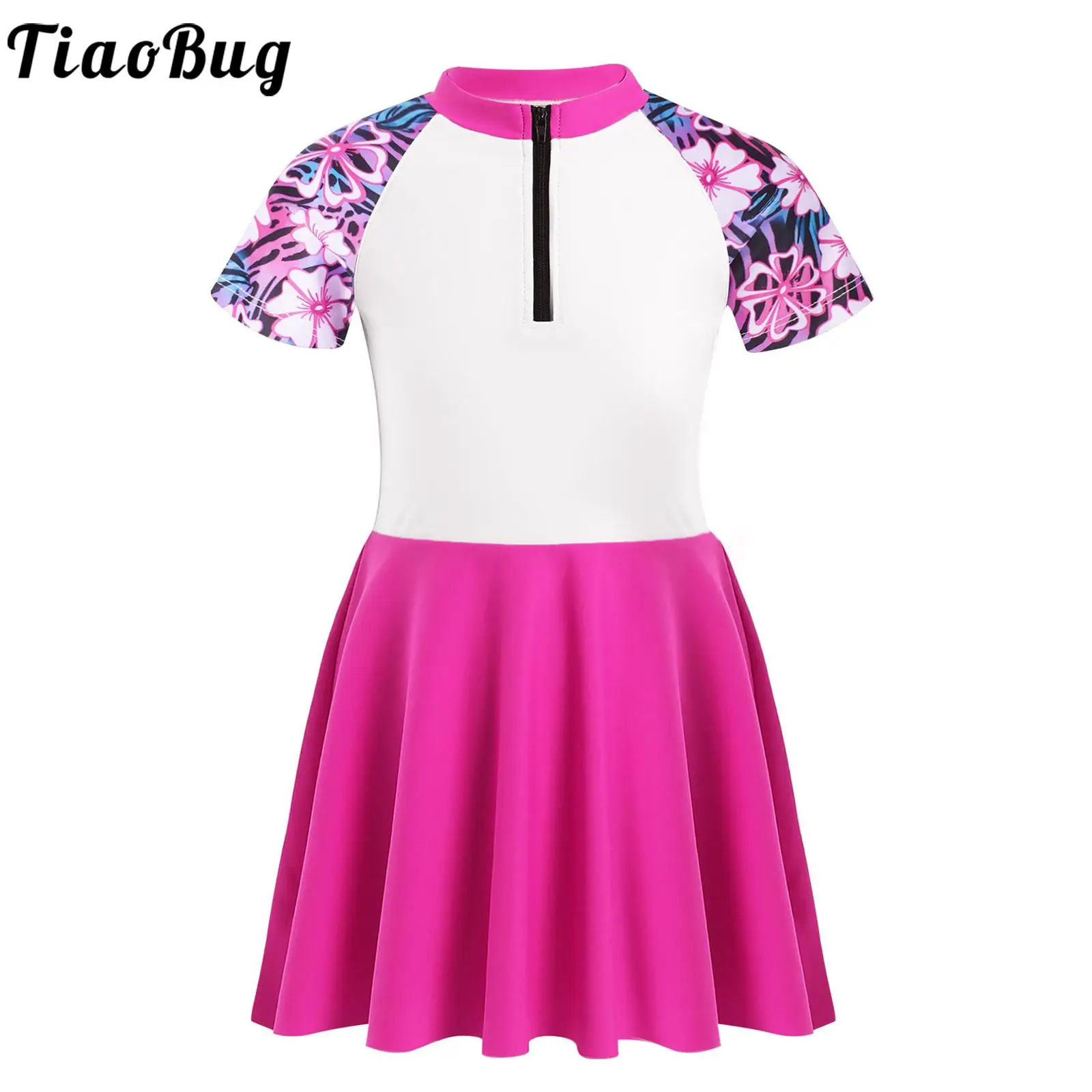 

Kids Girls Printed Short Sleeve Swimming Dress Swimwear Mock Neck Soft Front Zipper Dresses for Beach Water Park Bathing Holiday