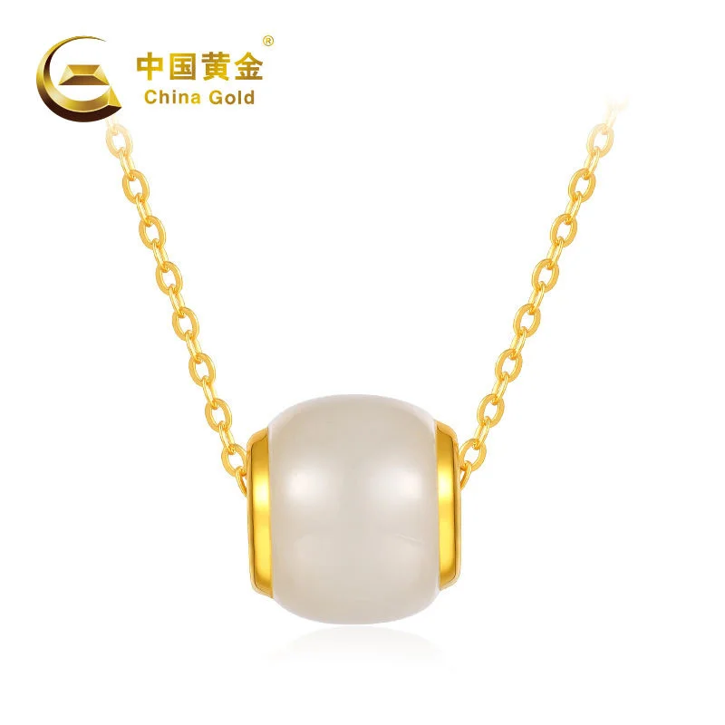 

[chinese]pendant Full Transfer Beads Copy 100% Real Gold Inlaid Hetian Jade Pendant Necklace for Women
