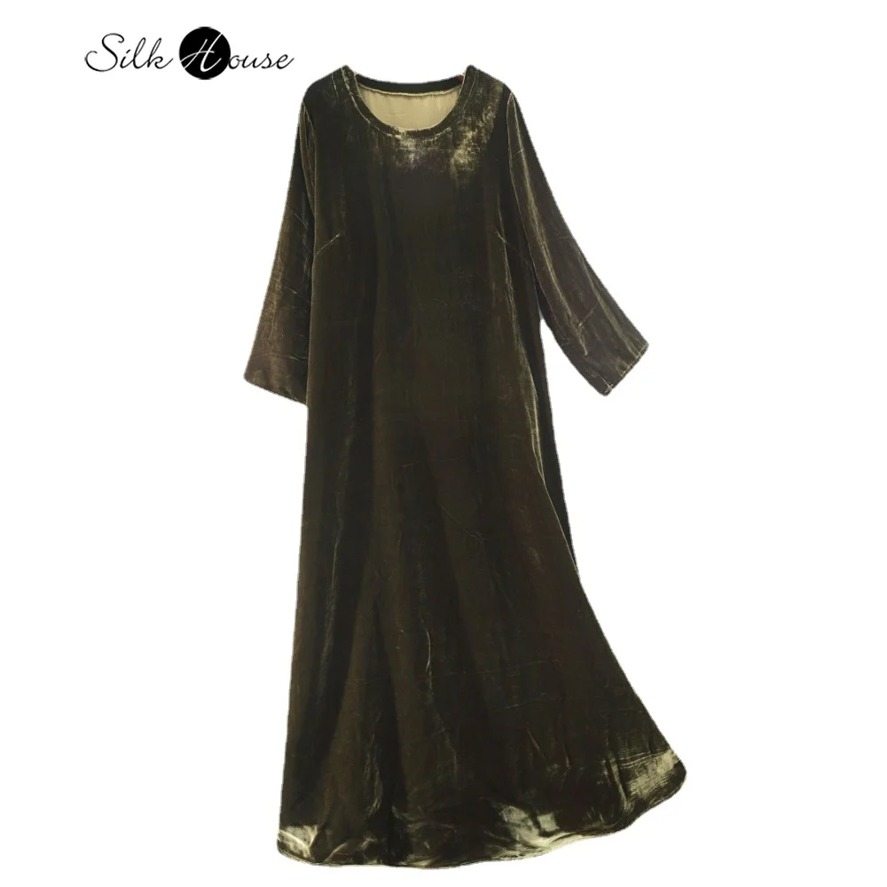 

Женское свободное платье средней длины, однотонное шелковое бархатное платье оливково-зеленого цвета из натурального шелка тутового шелкопряда, Осень-зима 2023