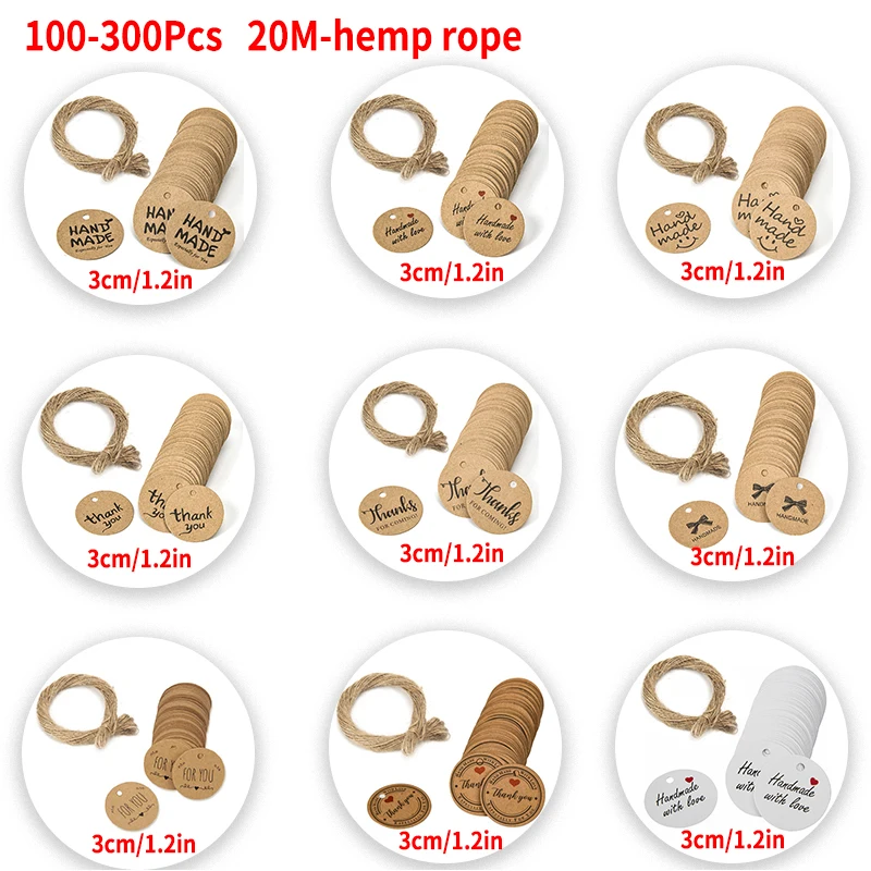 

100-300 Pcs Kraft Paper Gift Tags for DIY Wedding Party Gift Candy Tags with 20M Hemp Rope Handmade Hang Tag Packaging Labels