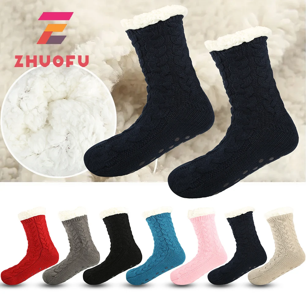ZHUOFU Winter Thicken Plush Knitted Cotton Socks Women Non-slip Home Floor Socks Warm Mid-calf Hosiery For House Slippers