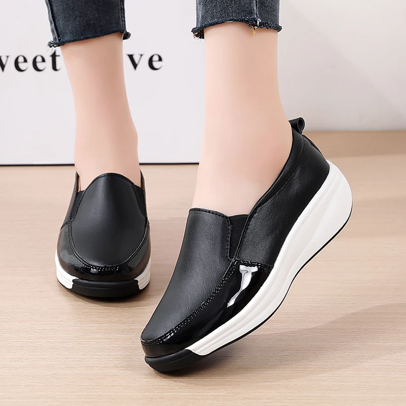 Summer Women Flats Genuine Leather Woman Casual Shoes Wedges Heeled Luxury Ladies Loafers Female Slip-on Shoes Tenis Moccasins