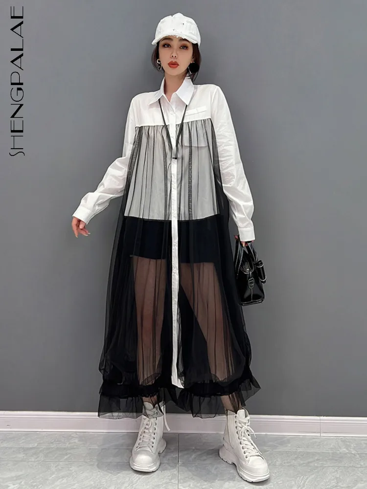 

SHENGPALAE Сетчатое лоскутное платье-рубашка для женщин, корейское Y2k перспективное свободное Повседневное платье с длинным рукавом, весна 2023, ...
