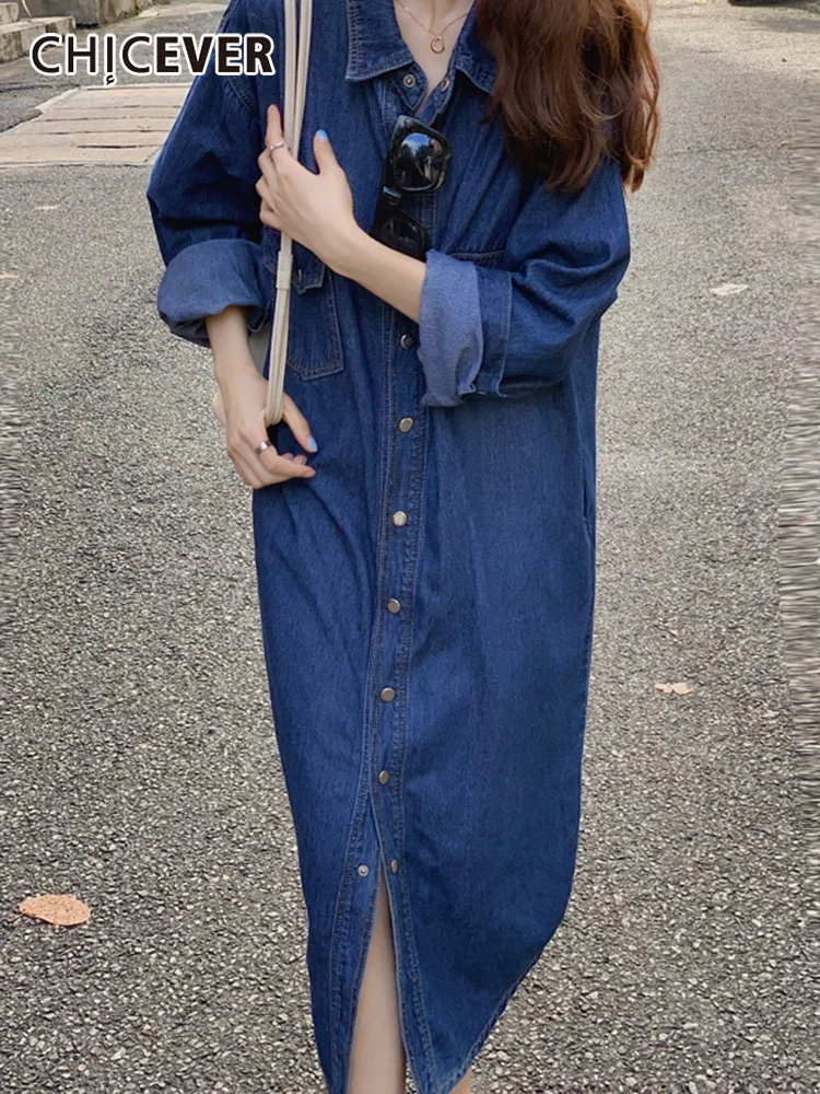 

CHICEVER Blue Korean Fashion Denim Dress For Women Lapel Long Sleeve Dual Pocket Loose Midi Dresses Female 2022 Clothing New