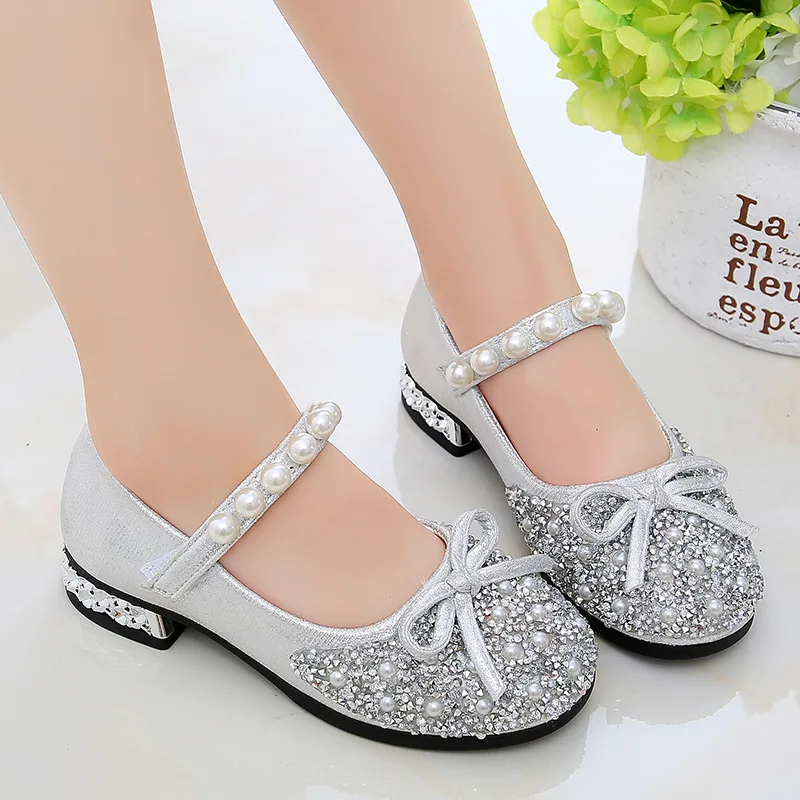 

Princess Dress for Child Girl Loafers Flat Shoe Mary Jane Student Leather Shoe 2022 Ballet Kid Pearl Rhinestone Bow Shoe 3 To 12
