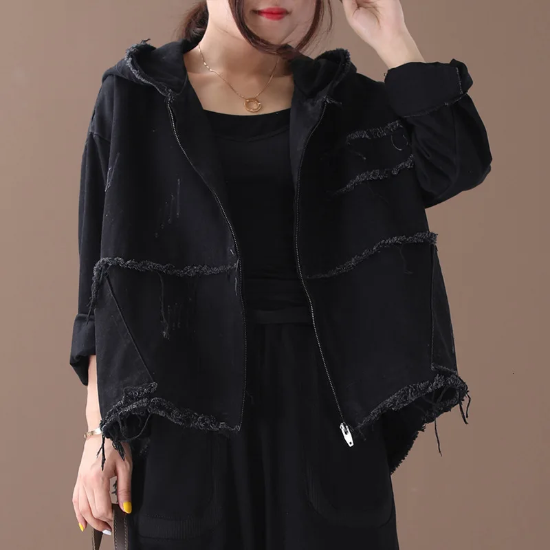 

Vintage Denim Jacket New 2021 Korean Fashion Ladies Hoodies Winter Warm Clothes Women Hooded Patchwork Ripped Solid Color Jacket