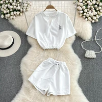 women casual white lounge wear summer tracksuit shorts set short sleeve shirt tops and mini shorts suit 2022 new two piece set