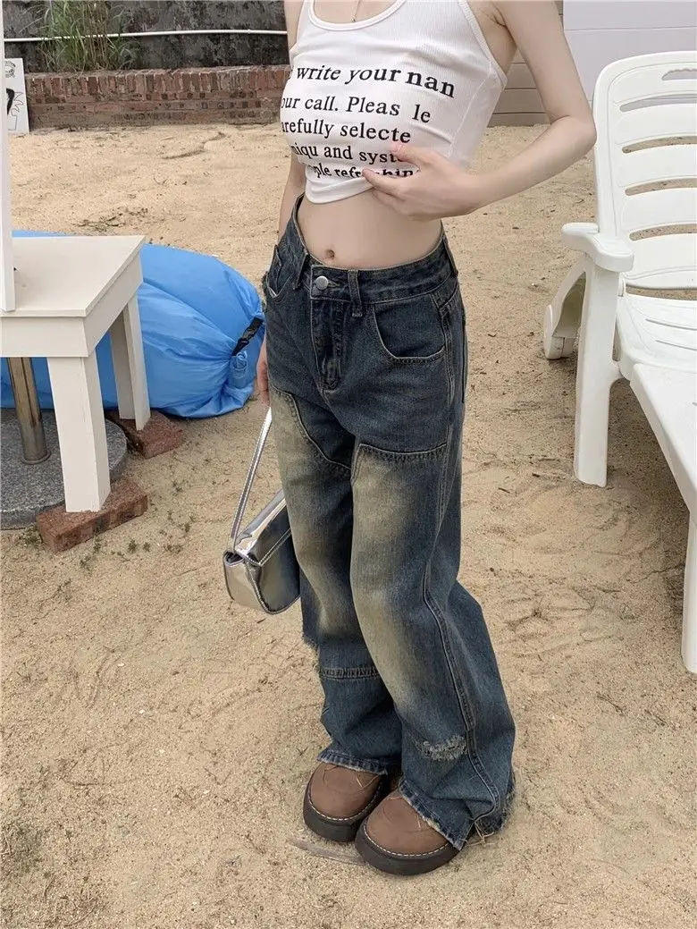 Vintage American High Street Design Straight Jeans Female Summer Broken Holes High Waist Loose Thin Wide-Legged Drag Pants
