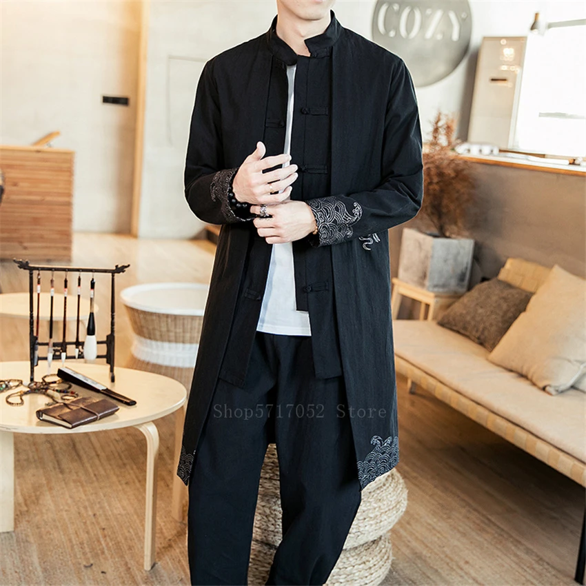 

Casual Man Traditional Chinese Tops Retro Embroidery Tang Suit 2022 New Linen Shirts Male Long Jacket Plus Size Waves Crane Coat