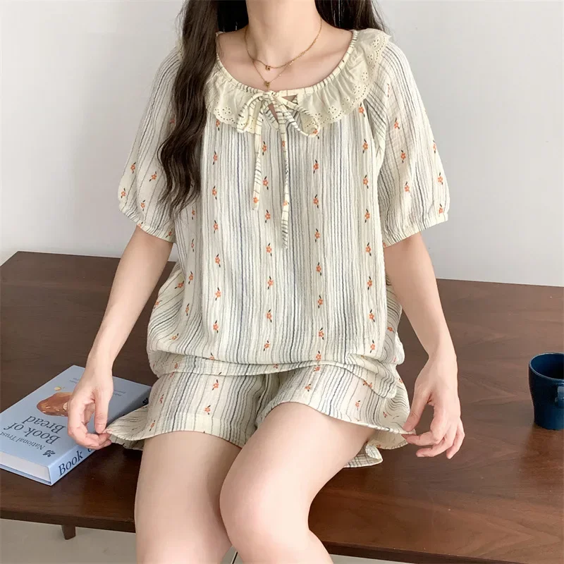 Пижамный комплект женский из хлопка и шелка тонкая Домашняя одежда с короткими