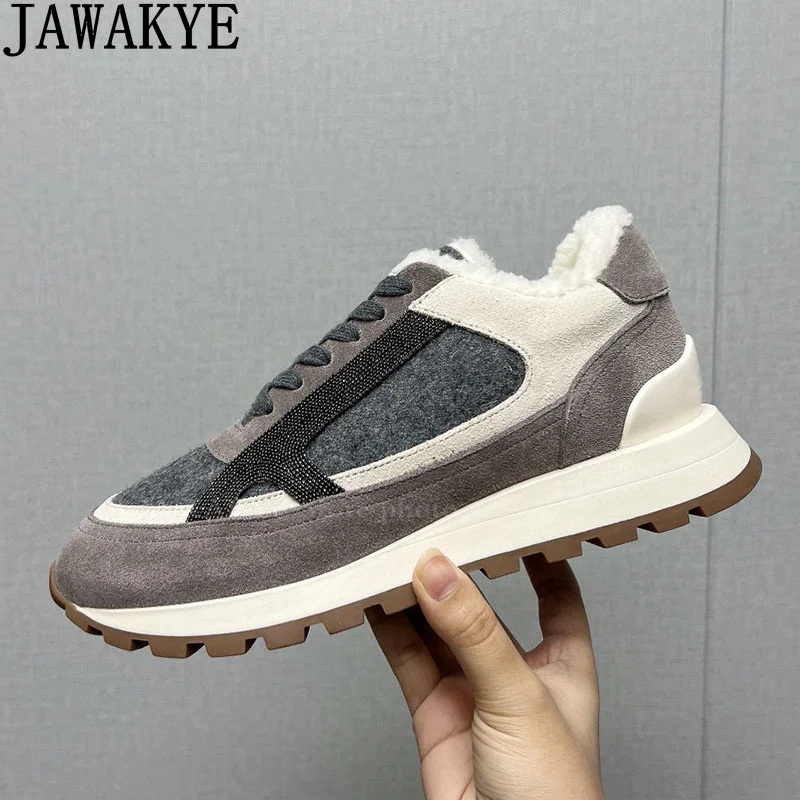JAWAKYE зимние знаменитые шерстяные туфли на плоской подошве женские качественные