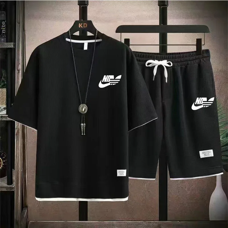 

Waffle T Hong Kong Style Men's Fake Two-Piece Suit Couple Loose Trend Plus-size Five-Point Pants Casual Outdoor