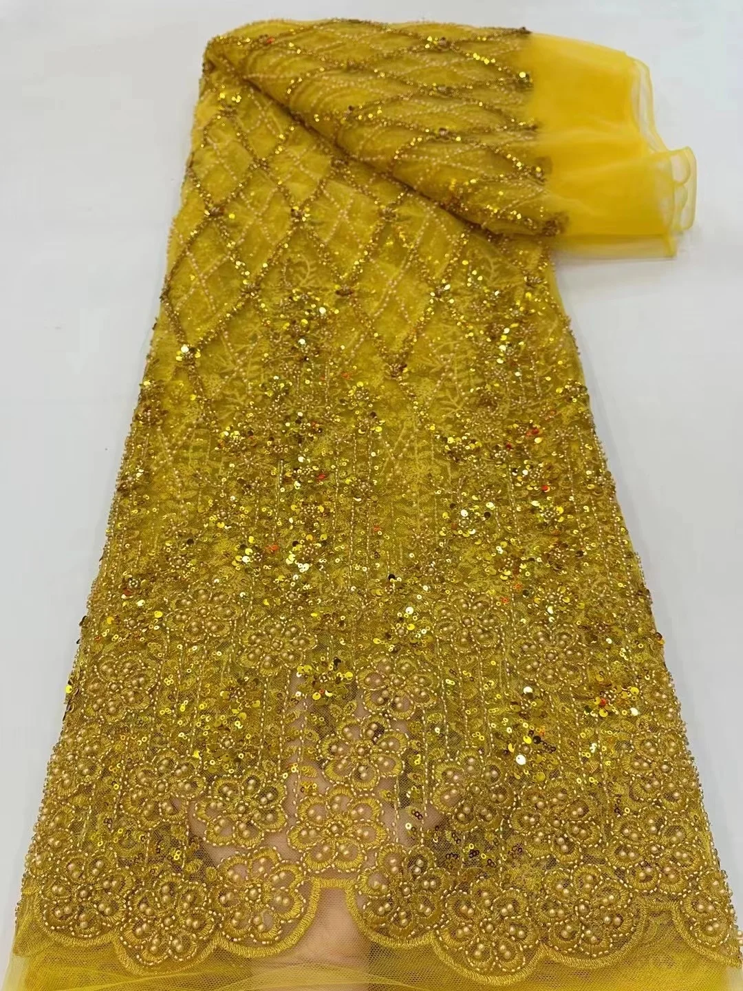 

Yellow African High-End Handmade Beaded French Lace Fabric 2022Latest Embroidery Nigerian Mesh Sequins Lace Fabrics For Wedding