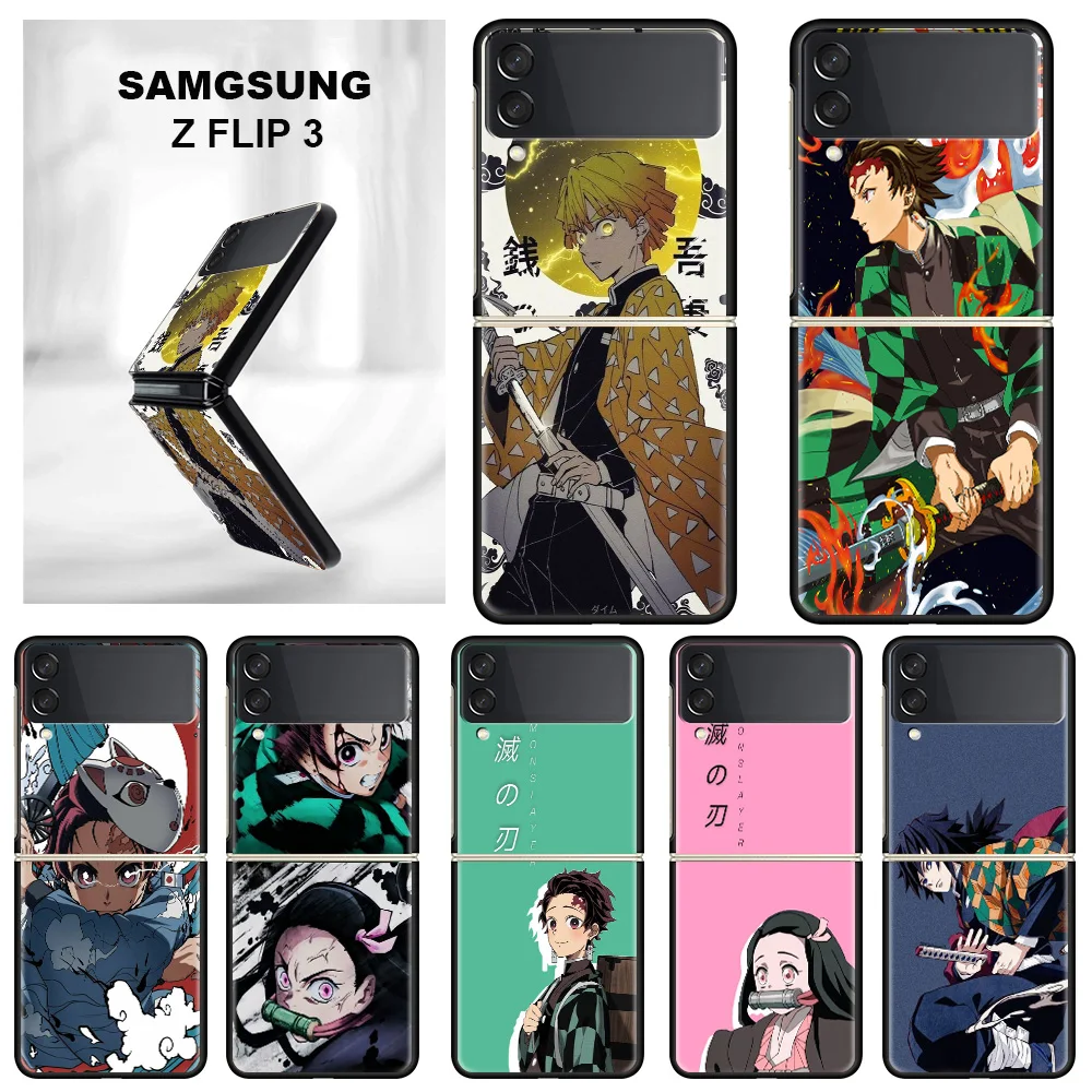 

Funda Case For Samsung Galaxy Z Flip 3 5G Luxury Z Flip3 Black PC Hard Shockproof Back Phone Coque Capa Demon Slayer Anime