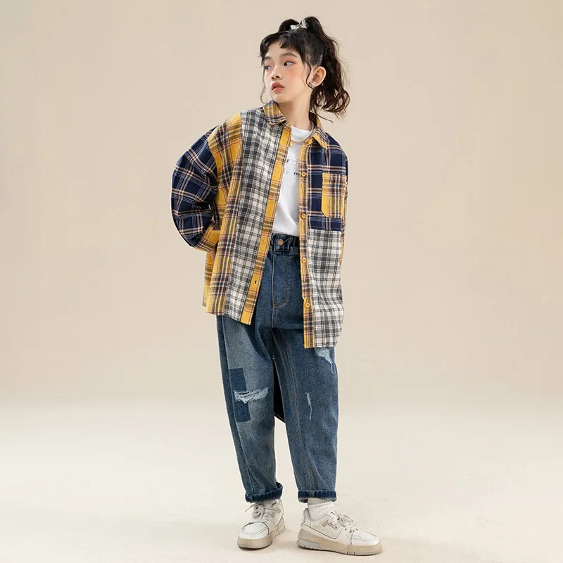 

12 13 14 Years Girls Shirts Long Sleeve Plaid Blouse for Kids 2023 Spring Casual Fashion All-match Teen School Children Costumes