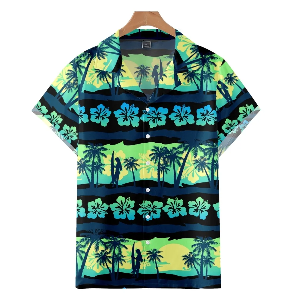 

2022 Chic casual Hawaiian beach shirt, resort island green flower coconut tree print, men's and women's summer Cuban collar shir