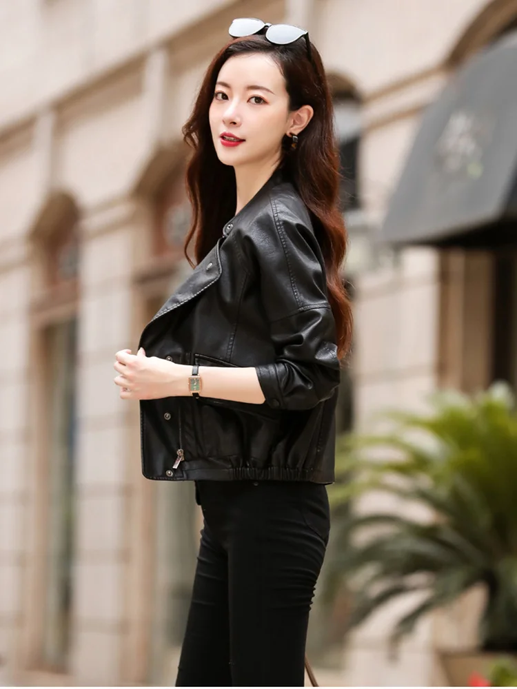 New Women Casual Leather Jacket Spring Autumn 2022 Fashion Stand Collar Zipper Short Sheepskin Coat Loose Moto&Biker Jacket